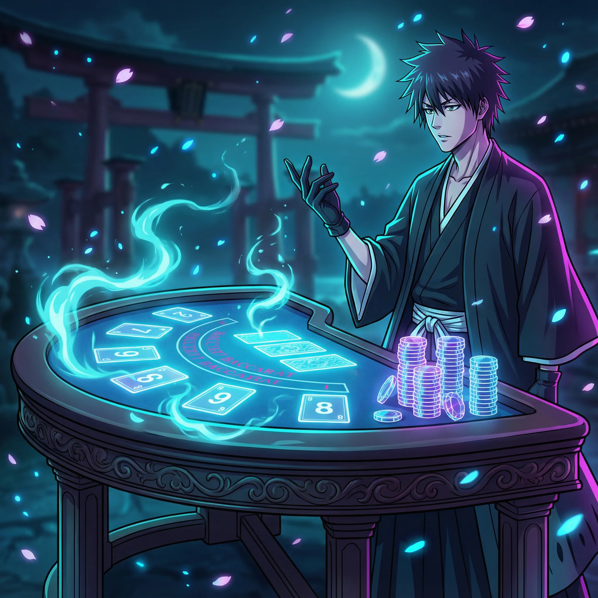 Mesa de bacará con cartas y fichas